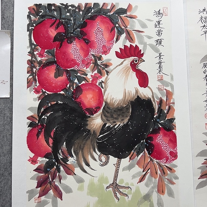 带灯款崔花鸟开三石榴公鸡