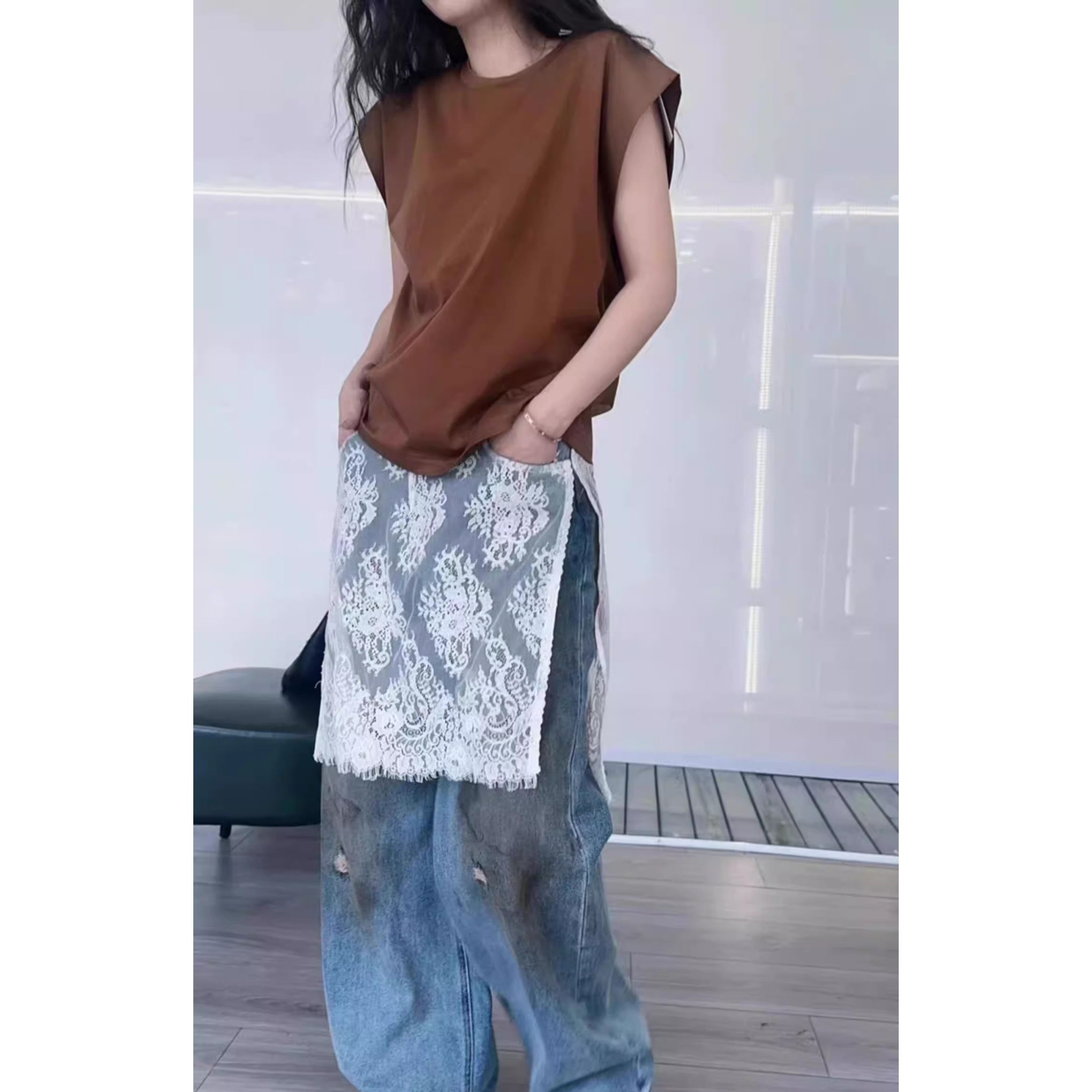设计师款2024年秋季新款屁帘假两件拼接宽松做旧牛仔裤长裤女~ice