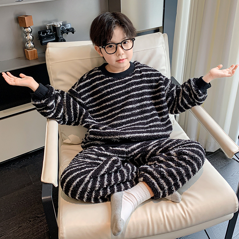 儿童睡衣秋冬加绒加厚舒适保暖家居服男童条纹珊瑚绒休闲居家服潮
