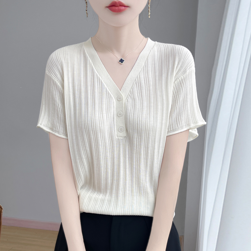 夏季新款莱赛尔天丝V领竖纹半扣针织短袖时尚百搭洋气凉爽透气