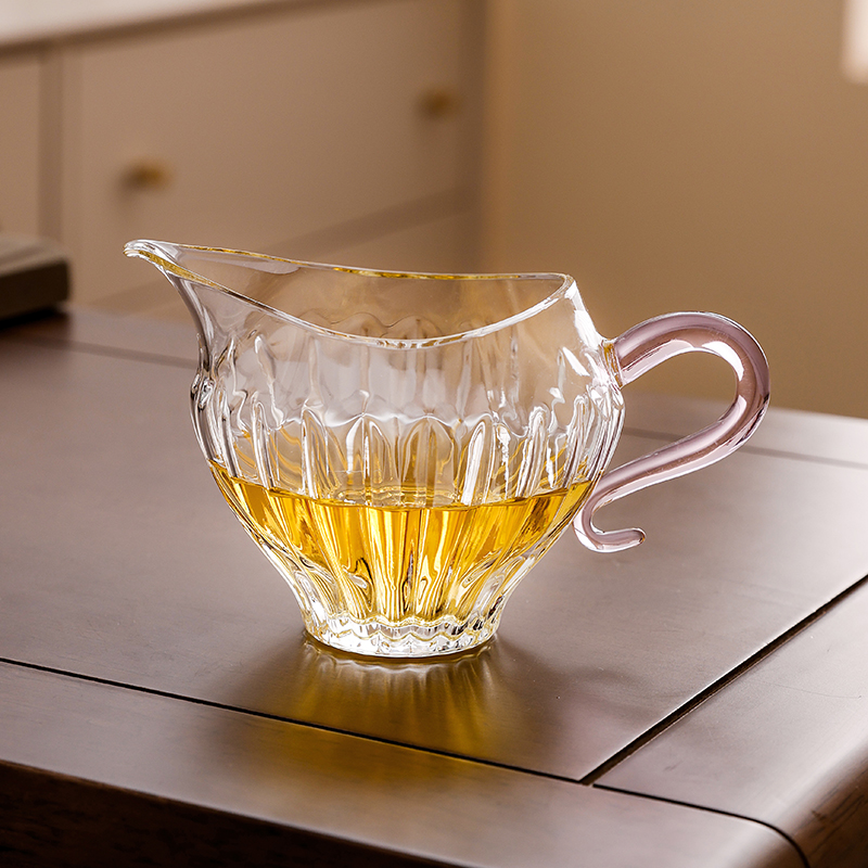 玻璃瓜棱公道杯粉色高硼硅耐热公杯带把分茶器茶海绿茶泡茶器茶具