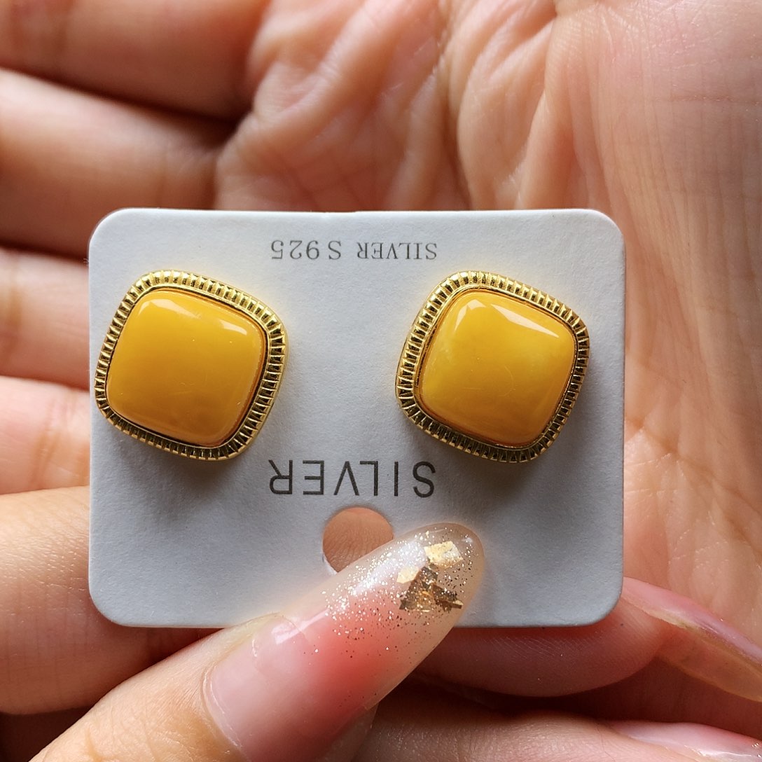 蜜蜡耳饰银S925镶嵌耳钉