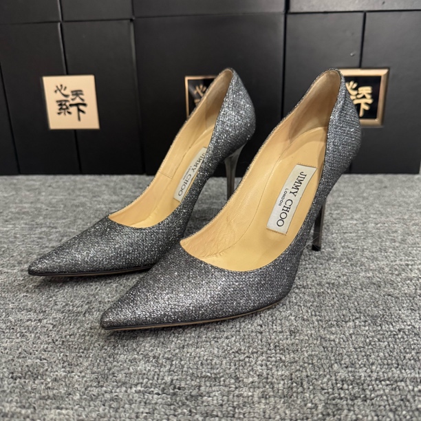 95新 JIMMY CHOO/吉米周 银色粗闪尖头高跟鞋35码ysc3270
