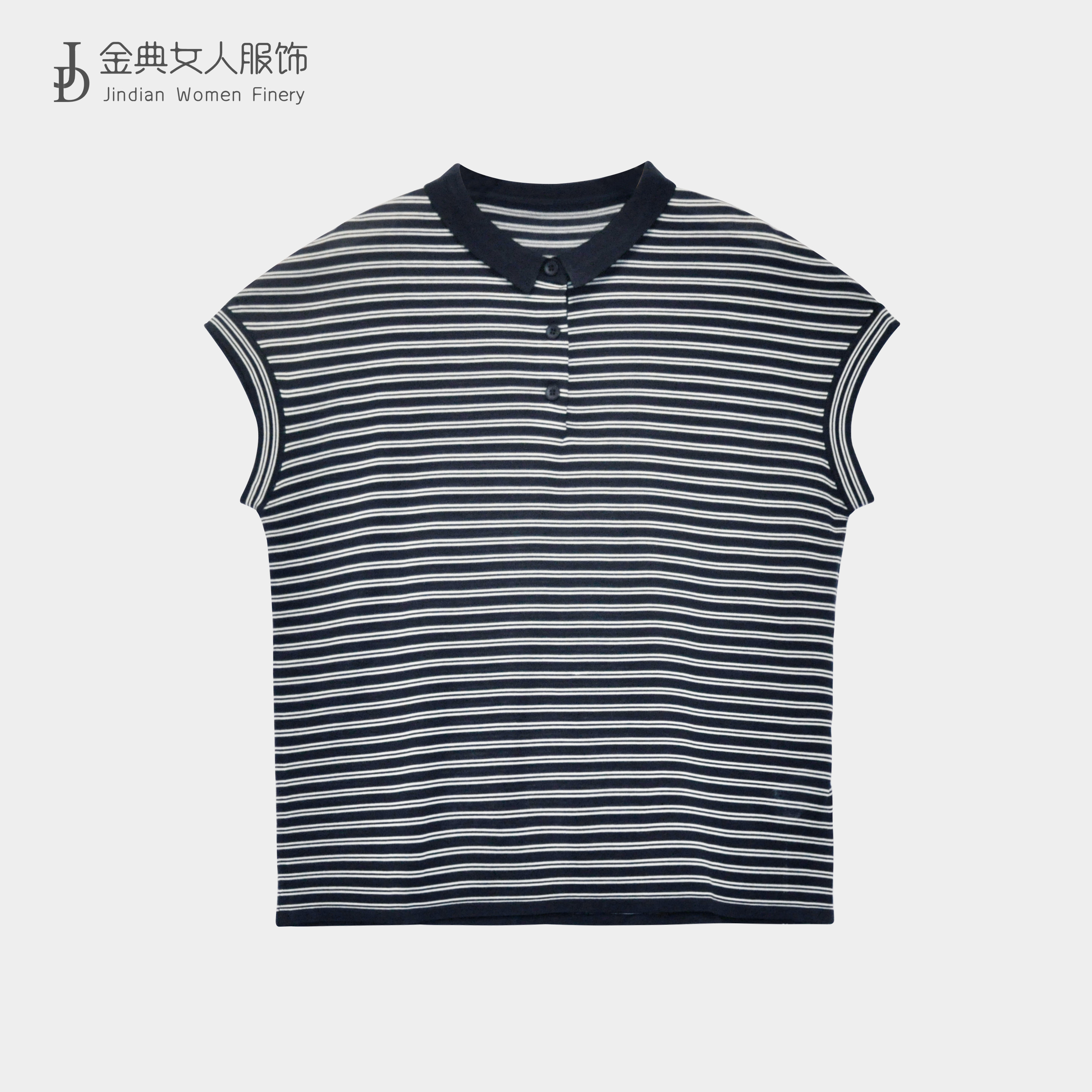 翻领半开襟单排扣条纹POLO衫     中年妈妈时尚休闲显瘦女T恤0919