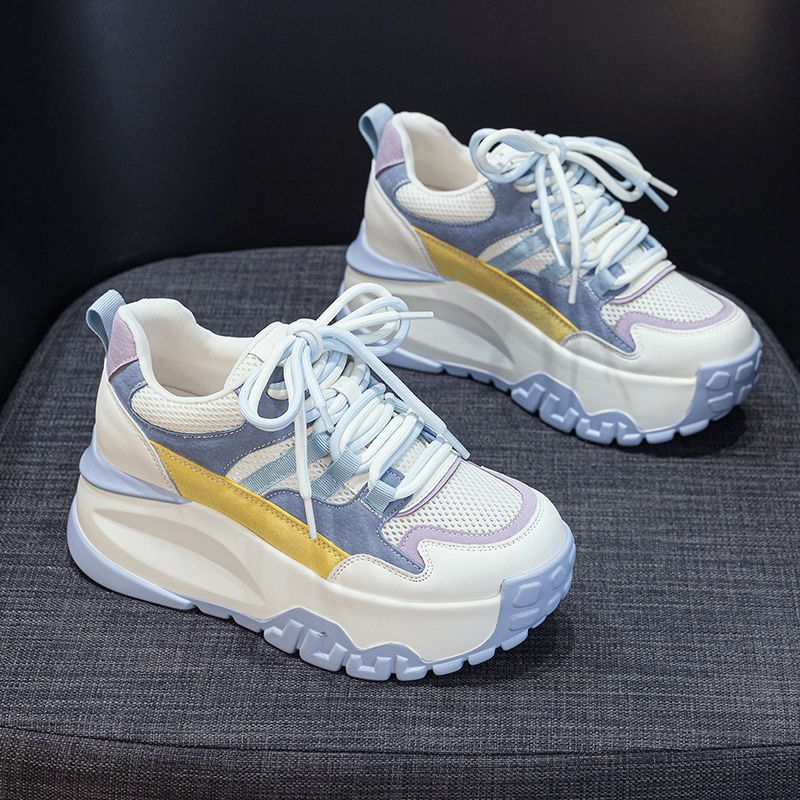 真皮增高老爹鞋女2025新款百搭夏季增高松糕透气网面运动休闲鞋