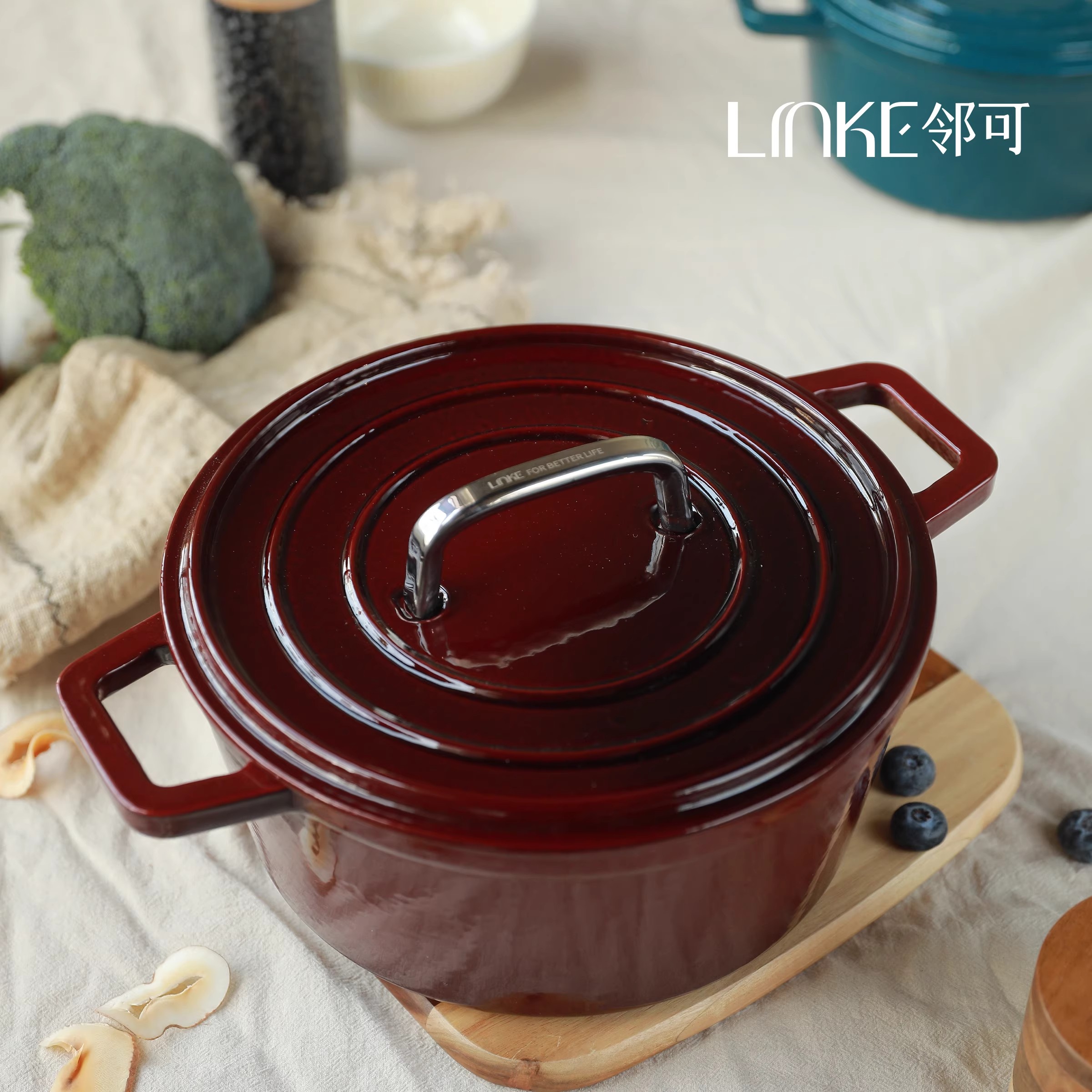LINKE邻可 · 车厘红珐琅煲24cm 铸铁锅炖锅家用煲汤锅焖锅海鲜锅