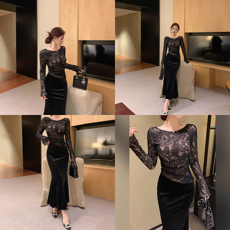 林关关【花影绰约】法式风情女秋腰果花蕾丝衫性感修身镂空蕾丝上衣