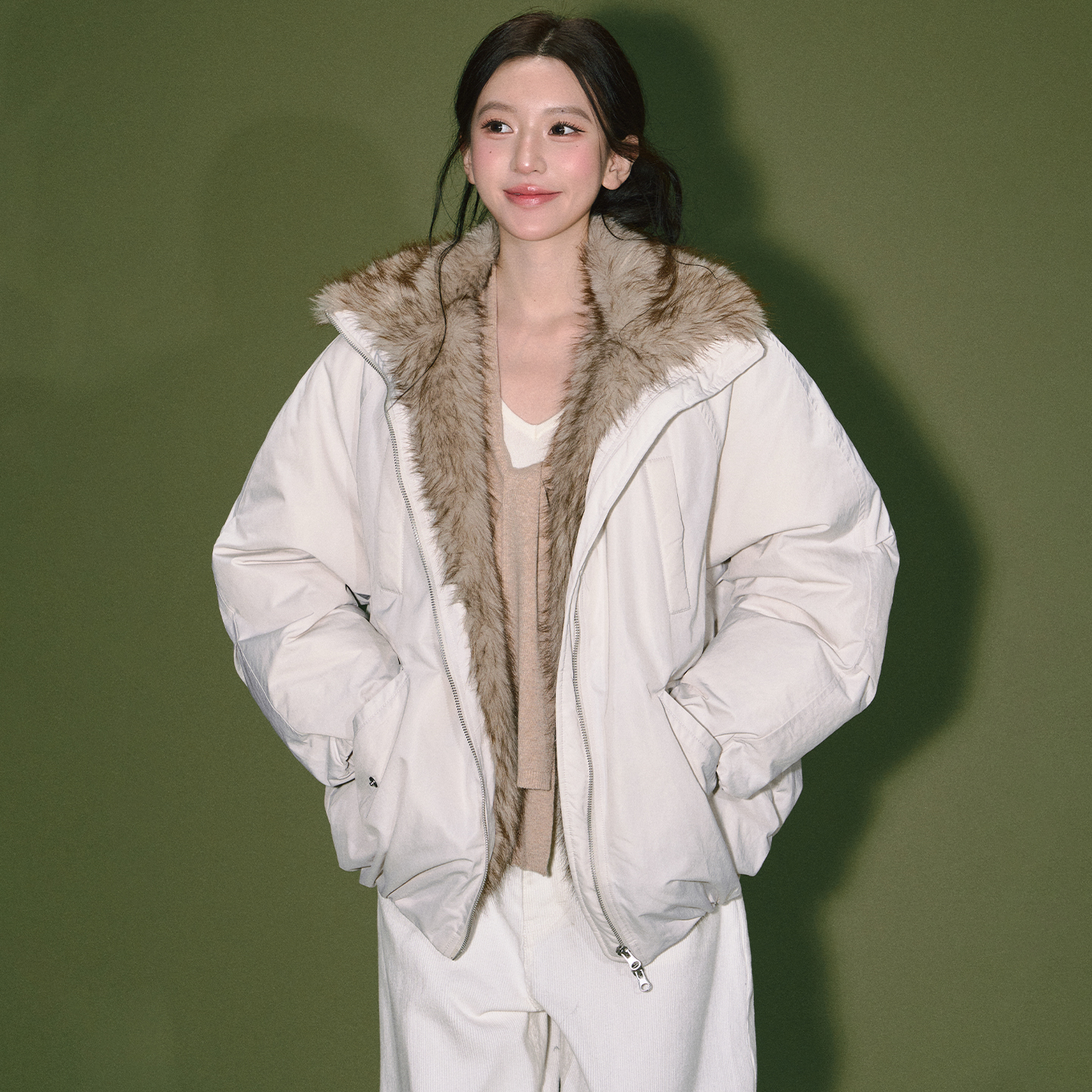 OIOI ESSE｜巴恩风拼接羽绒服女秋冬环保皮草加绒外套