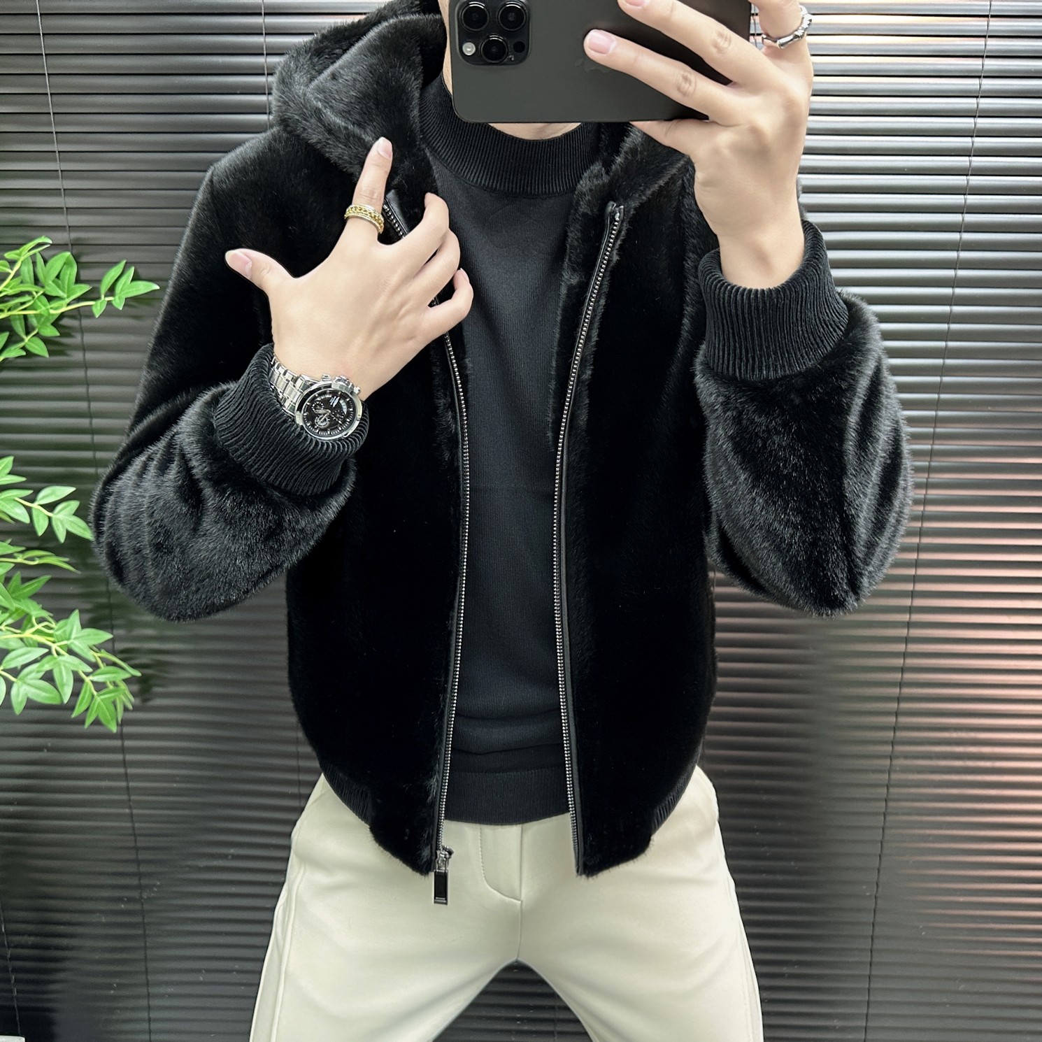 欧洲站高品质男士夹克外套仿皮草貂绒连帽潮牌加厚保暖秋冬潮男装