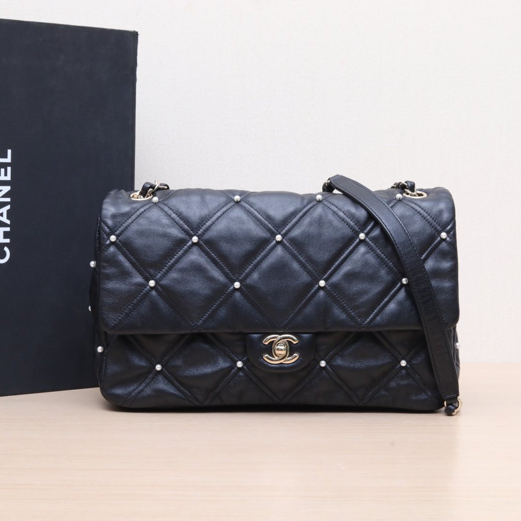 99新 Chanel/香奈儿 【黑黑】黑色 28开 珍珠 CF 链条 口盖包