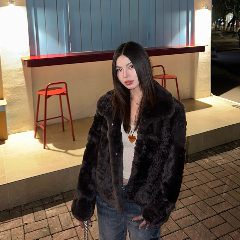 【小湖羊卷毛】獭兔卷毛韩系复古翻领显瘦短款毛毛外套女
