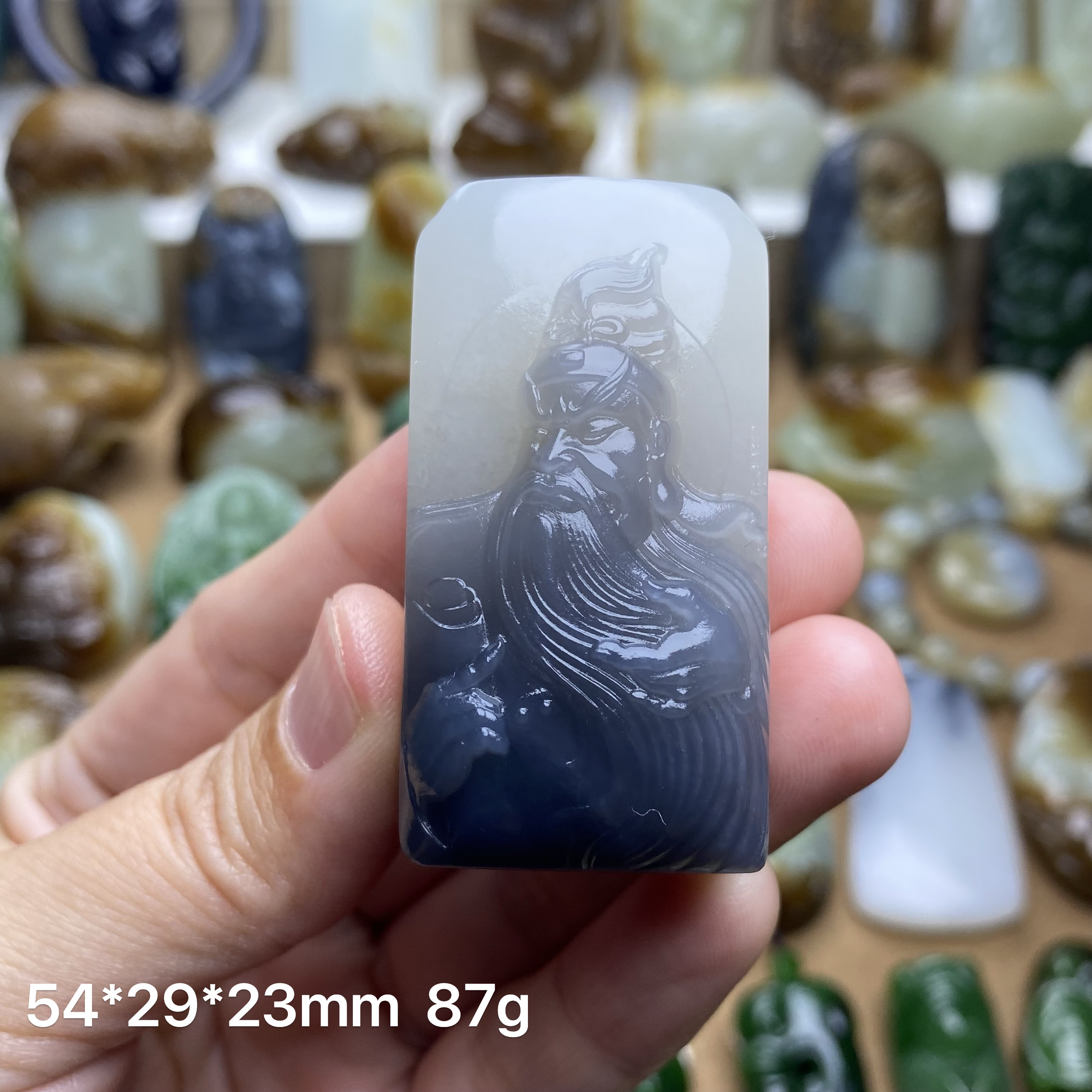 天然和田玉 烟紫 关公 印章 手把 87g