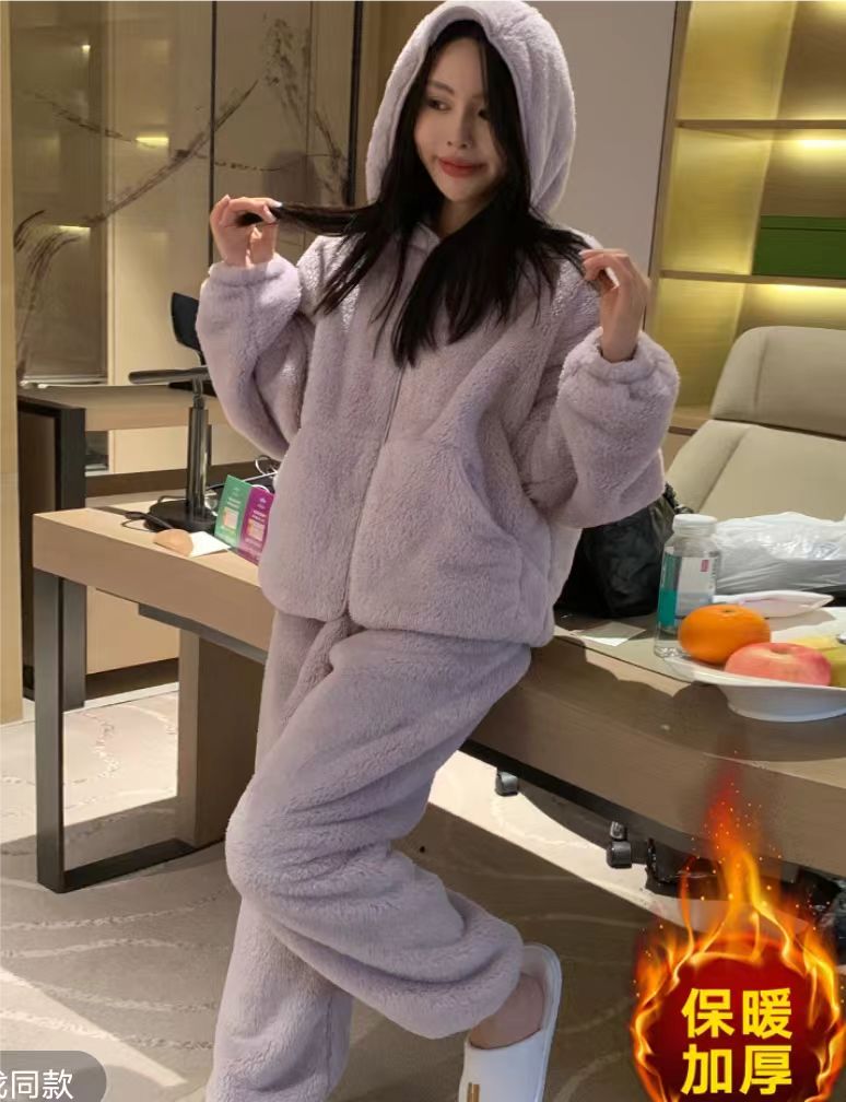 家居服女士冬款套装加绒家居服套装睡衣毛绒长袖加厚保暖时尚