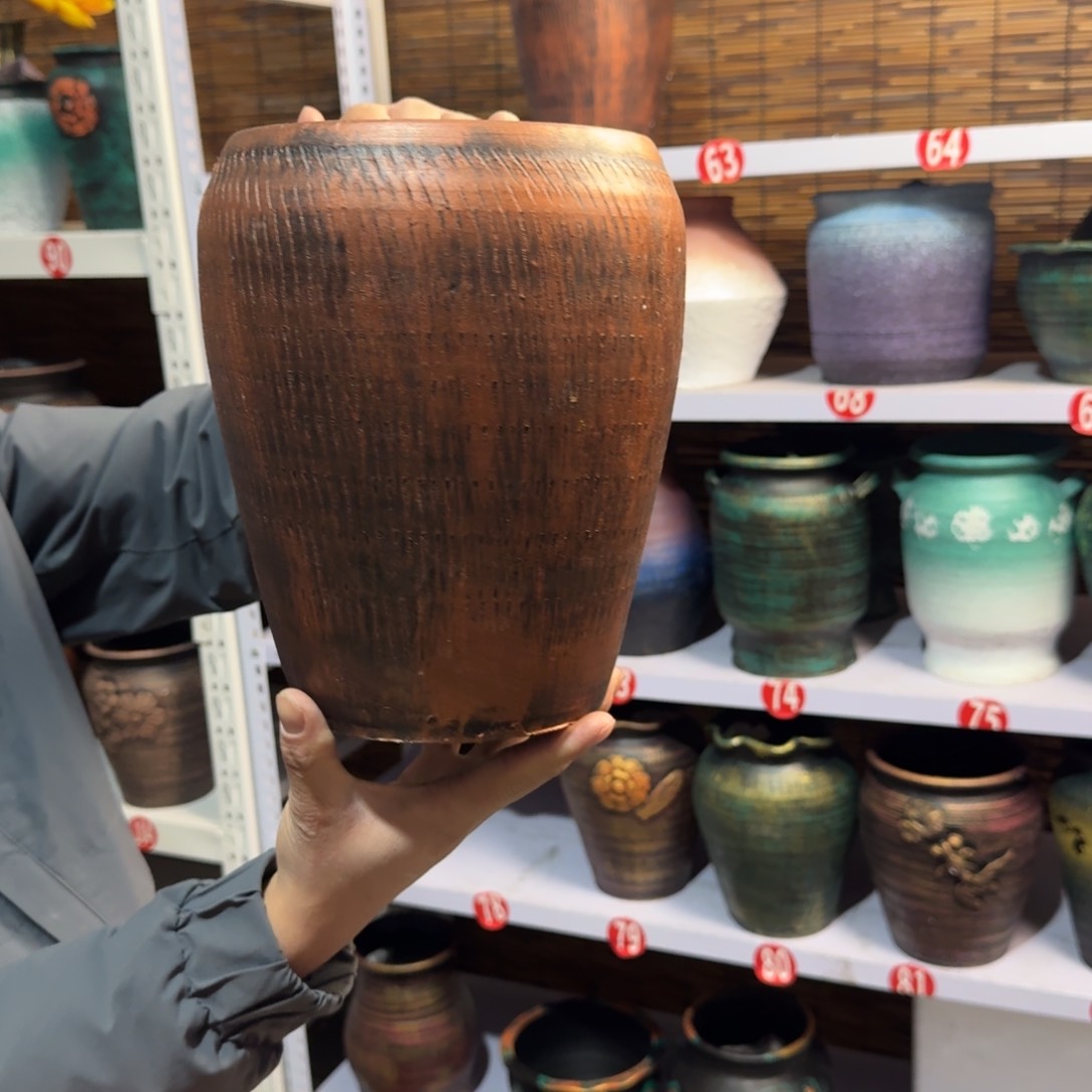 红陶红陶浮雕花盆炸炸炸