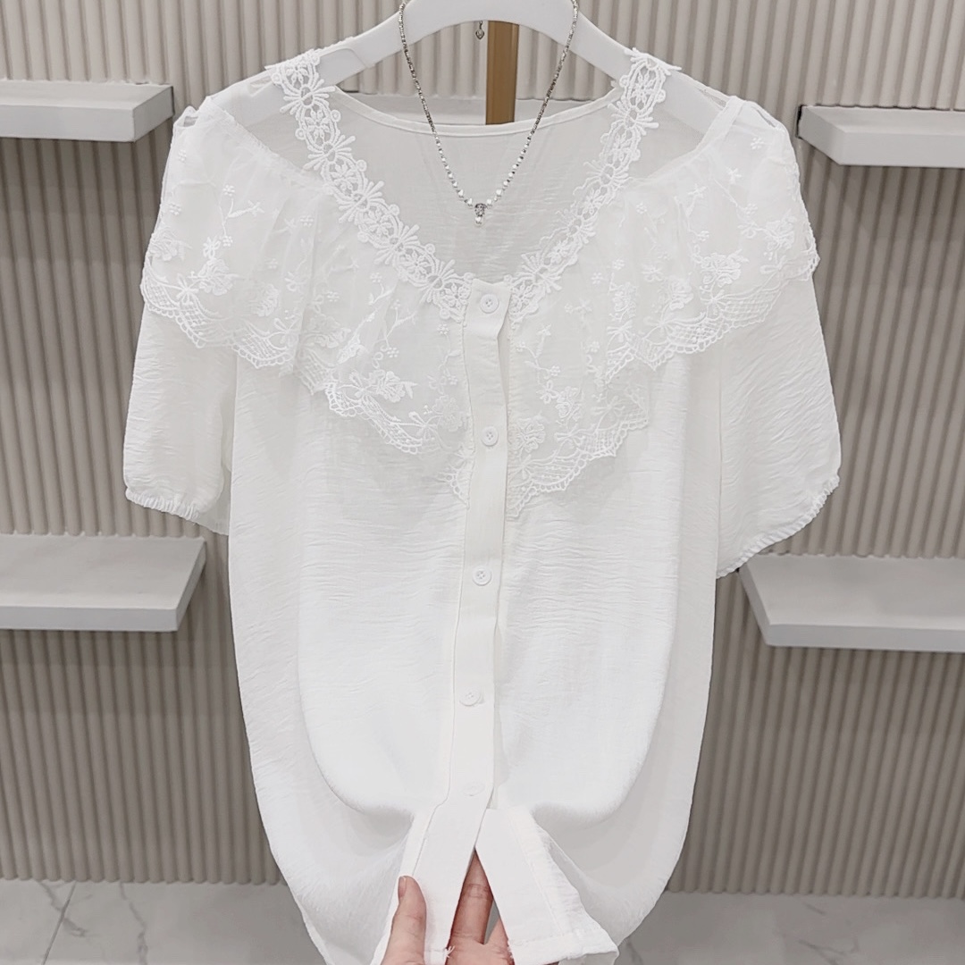 2025夏季新款1395蕾丝拼接V领大码时尚宽松减龄百搭短袖上衣