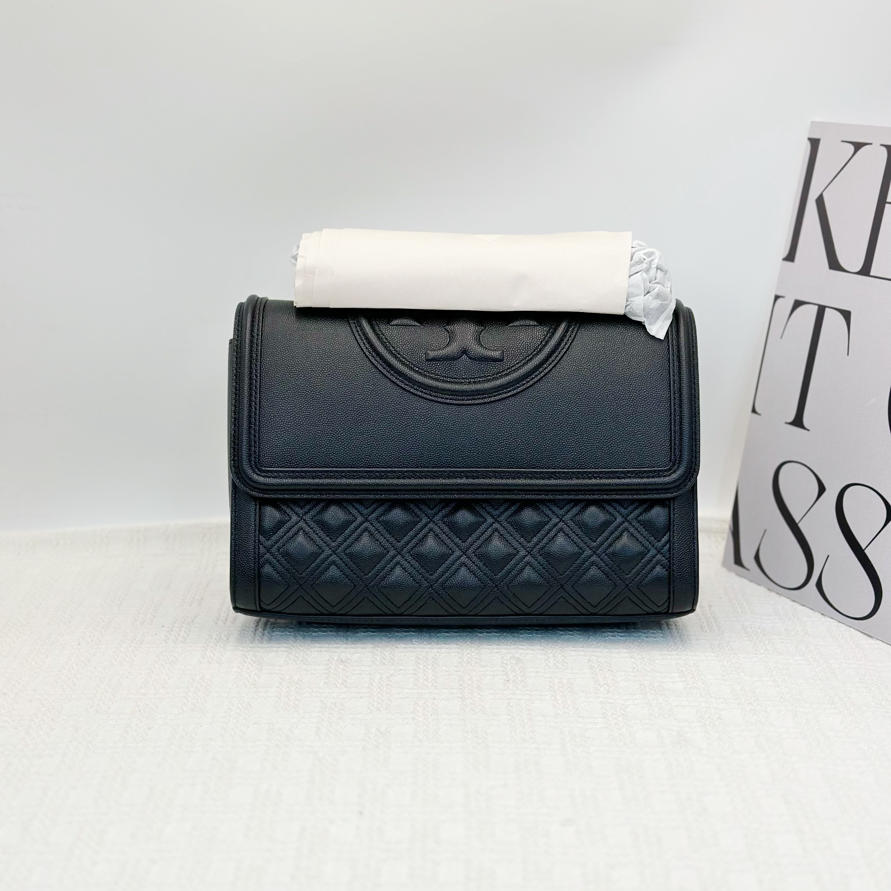 99新 TORY BURCH/汤丽柏琦 Fleming黑色牛皮大号菱格链条包 014