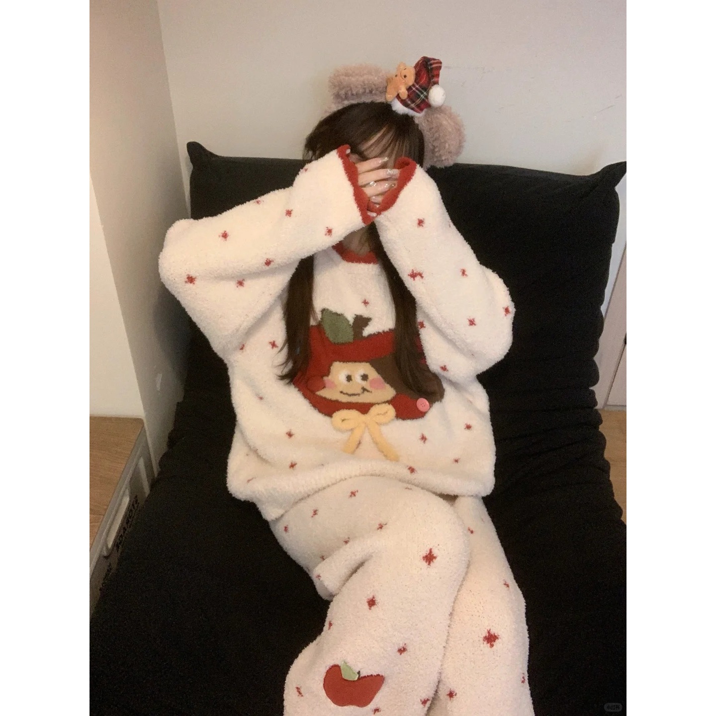 甜美卡通红苹果印花半边绒睡衣女秋冬新款休闲保暖家居套装可外穿