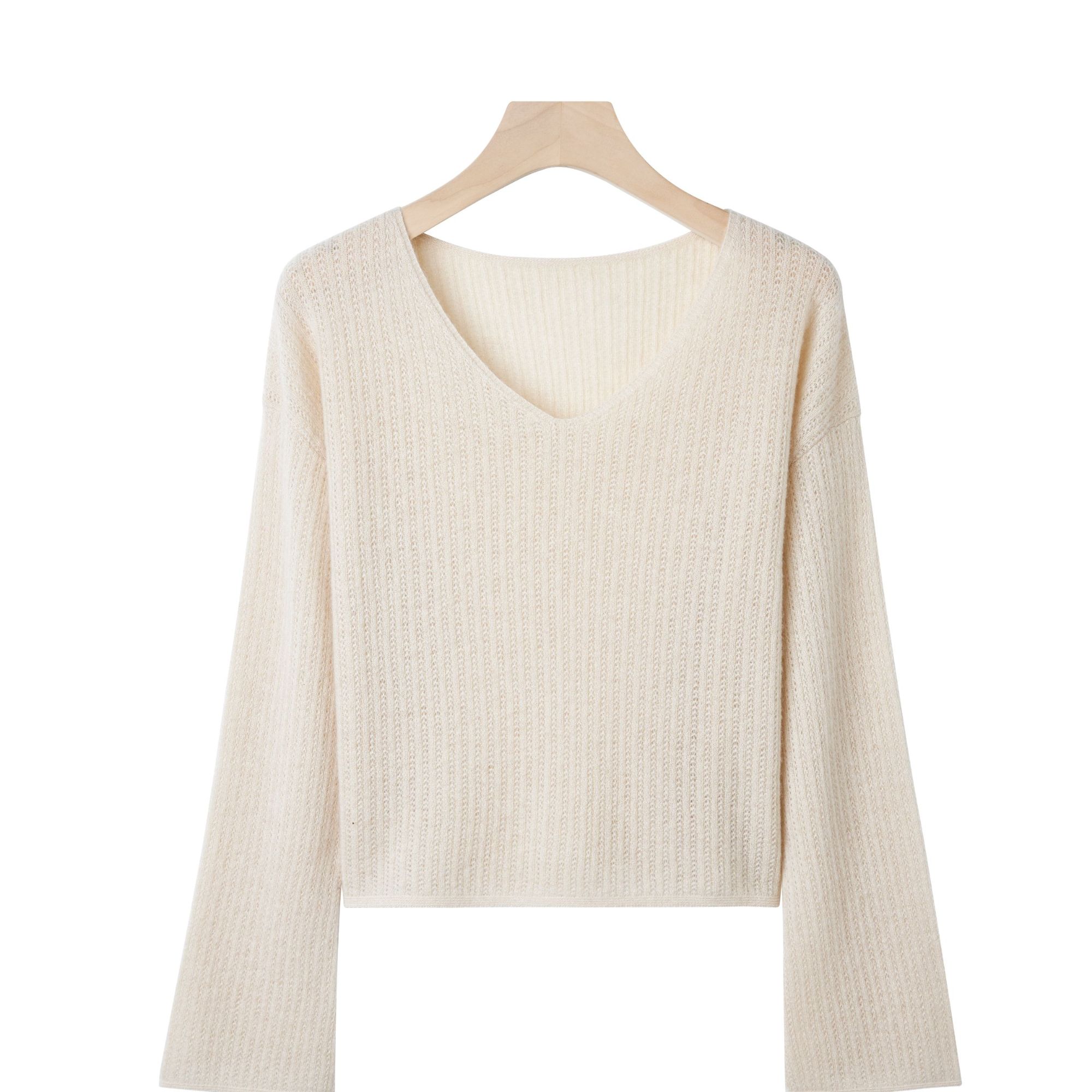 简约百搭镂空V领羊绒针织宽松休闲显瘦上衣女 PX-2049