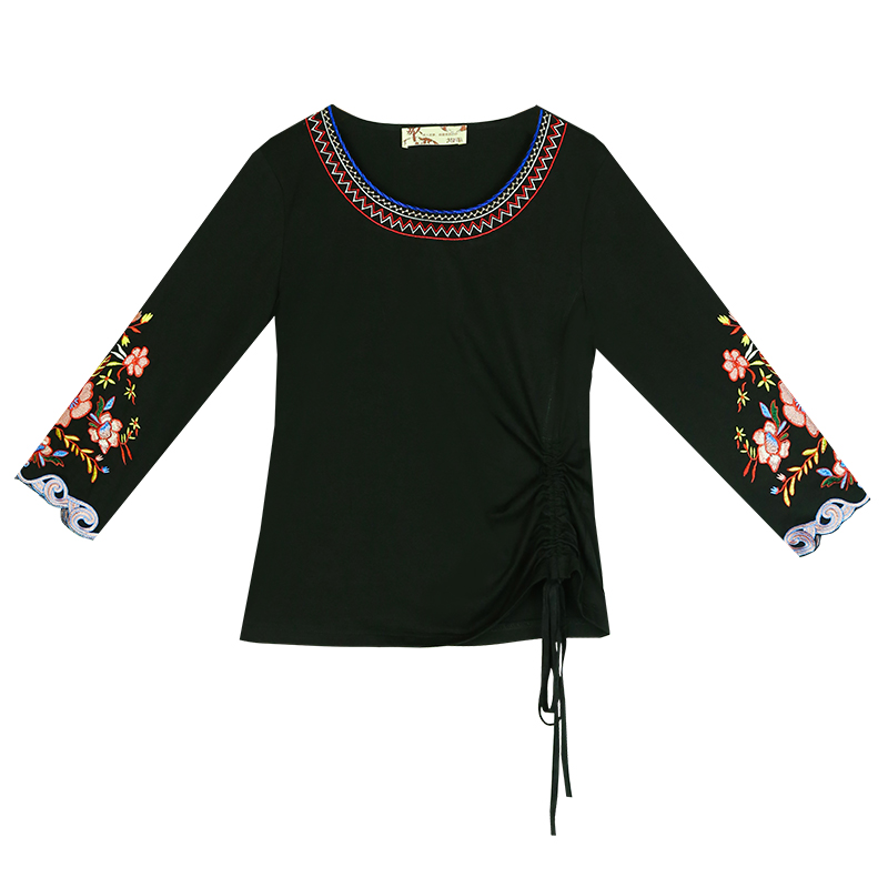 两人故事复古民族风女装T恤女刺绣花中国风薄国潮中式上衣TX0959