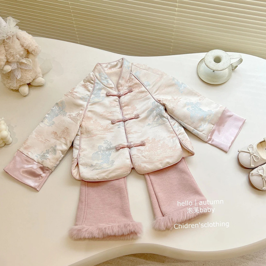 女童新中式唐装套装冬装24新款儿童小女孩国风盘扣外套加绒喇叭裤