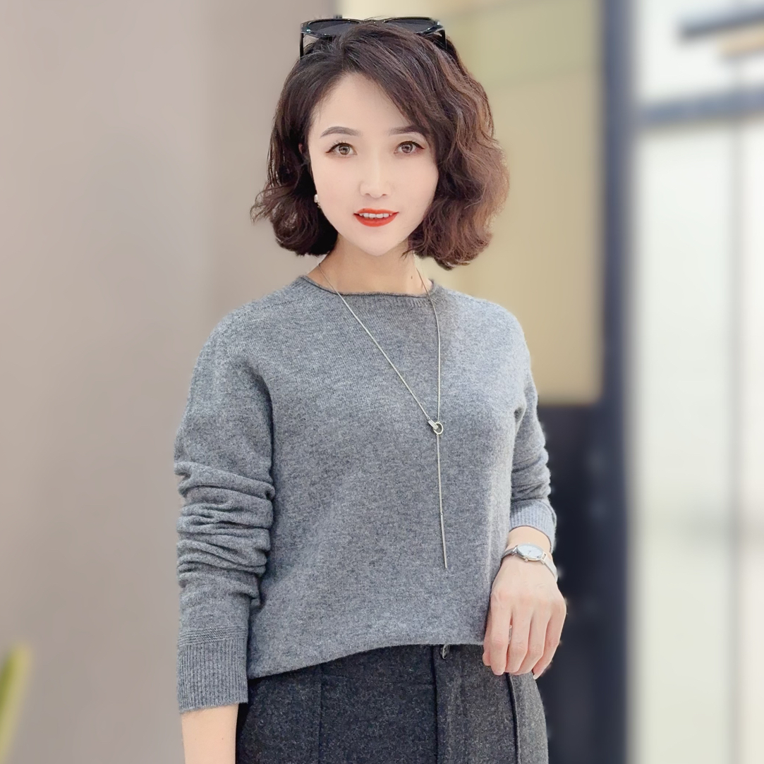 常规袖水洗圆领针织宽松型羊绒衫宽松百搭纯色打底衫