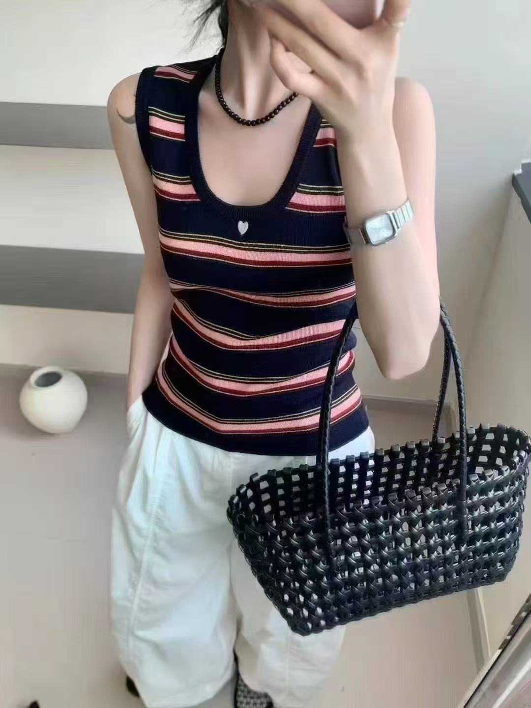 彩色撞色条纹U领吊带背心女夏季外穿泰式辣妹无袖针织上衣3048