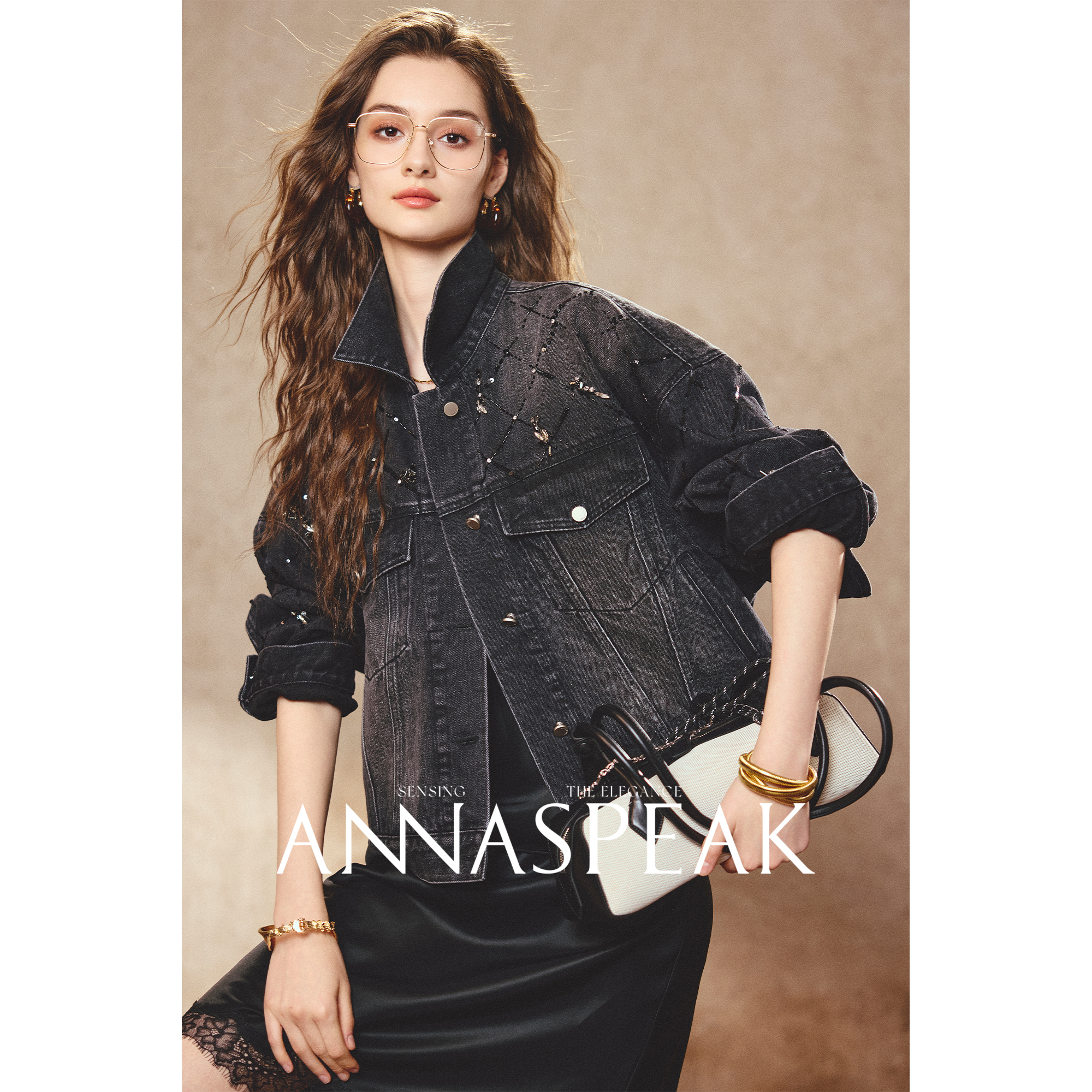 ANNASPEAK海星牛仔超重工全手工钉珠刺绣菱格竹片长绒棉牛仔外套