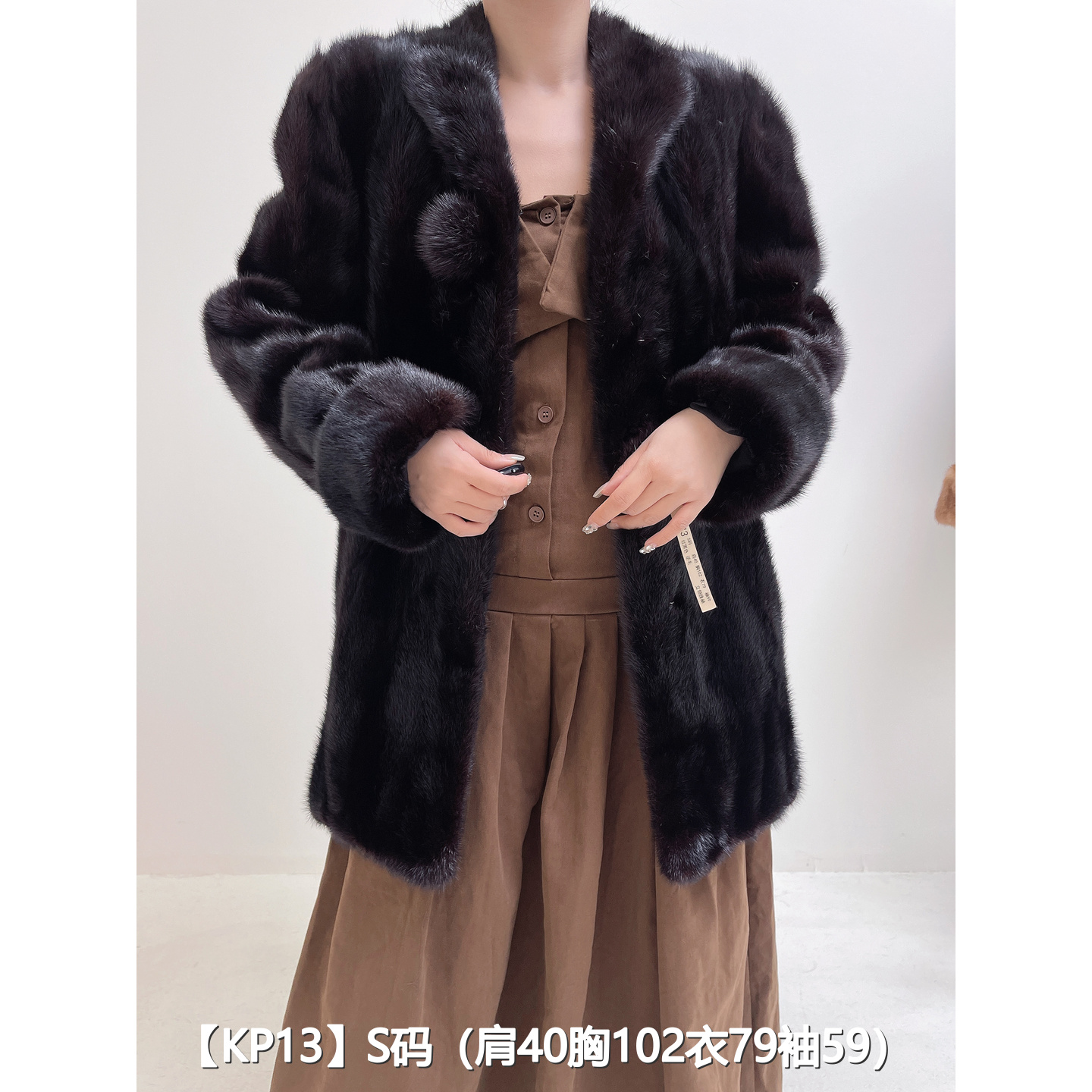 【KP13】S 红黑色中长款逆毛貂皮水貂大衣女 立领挽袖 38013