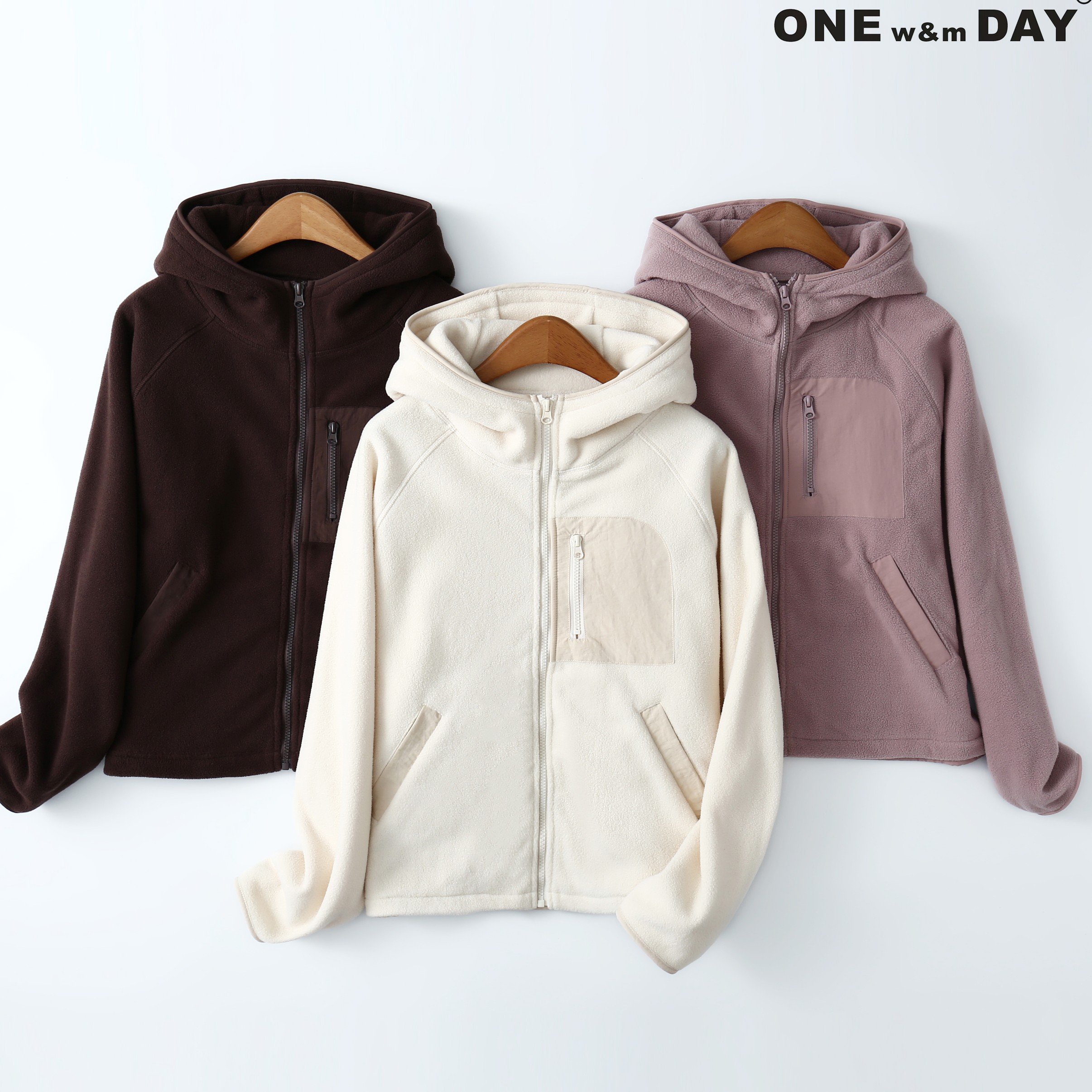 女款双面绒梭织拼接连帽拉链外套577