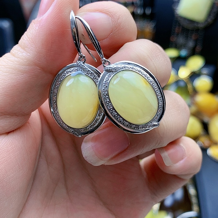 琥珀裸石银S925镶嵌耳坠