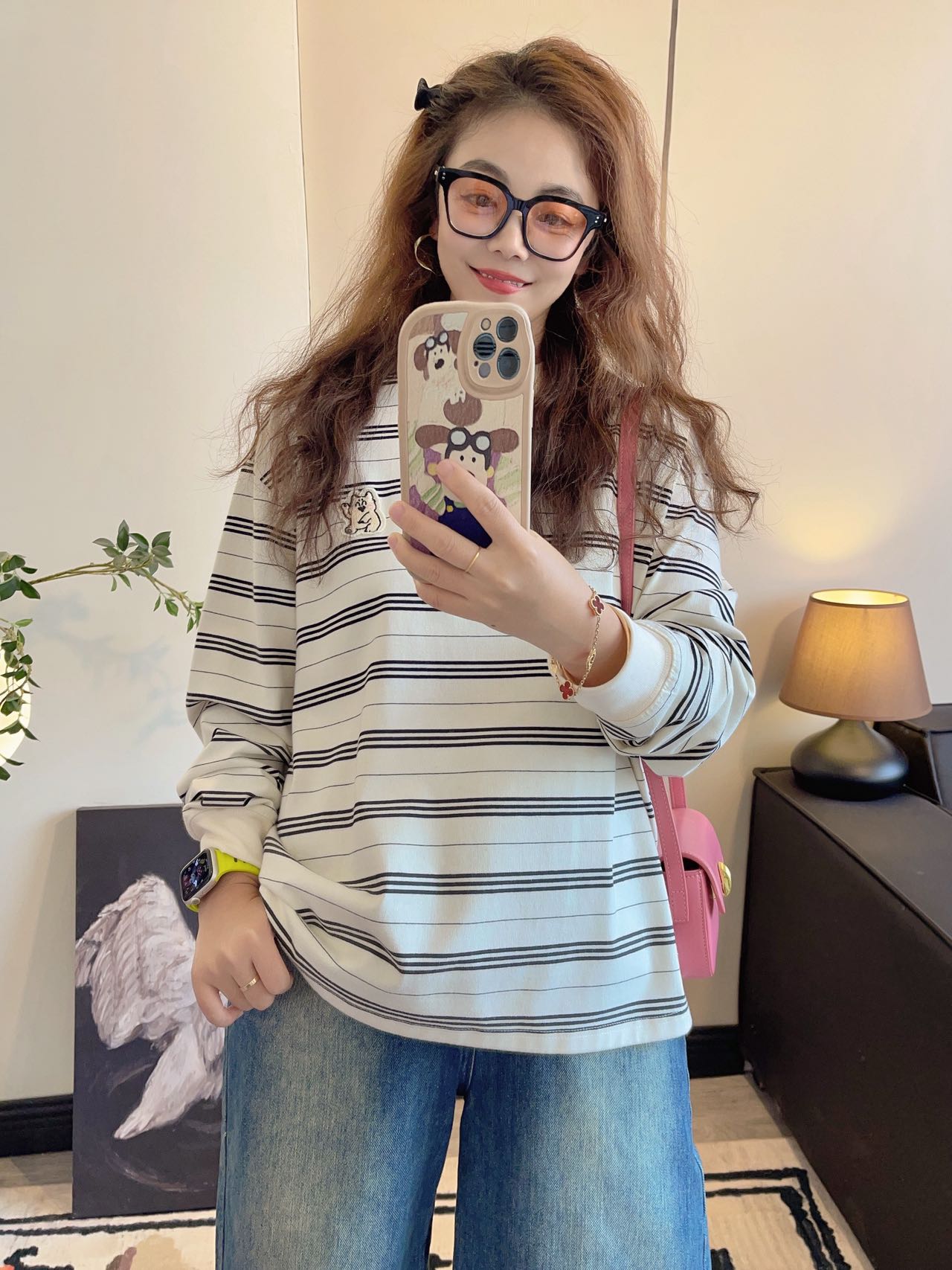 小羊纸袋家1139跳舞狗立体贴布刺绣圆领宽松条纹长袖T恤休闲女