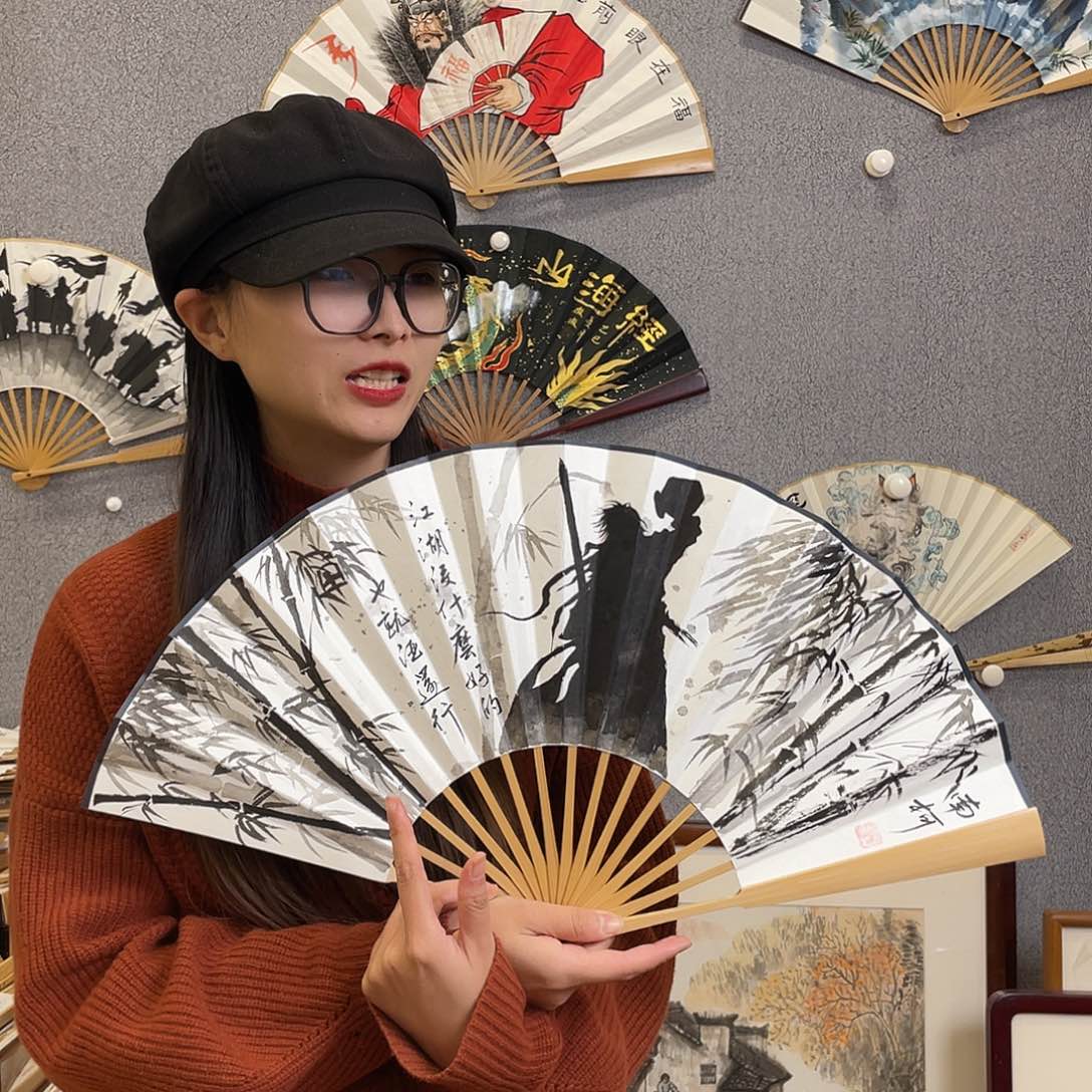 国画10寸玉竹-纯手绘-文玩扇骨（默认粘好）