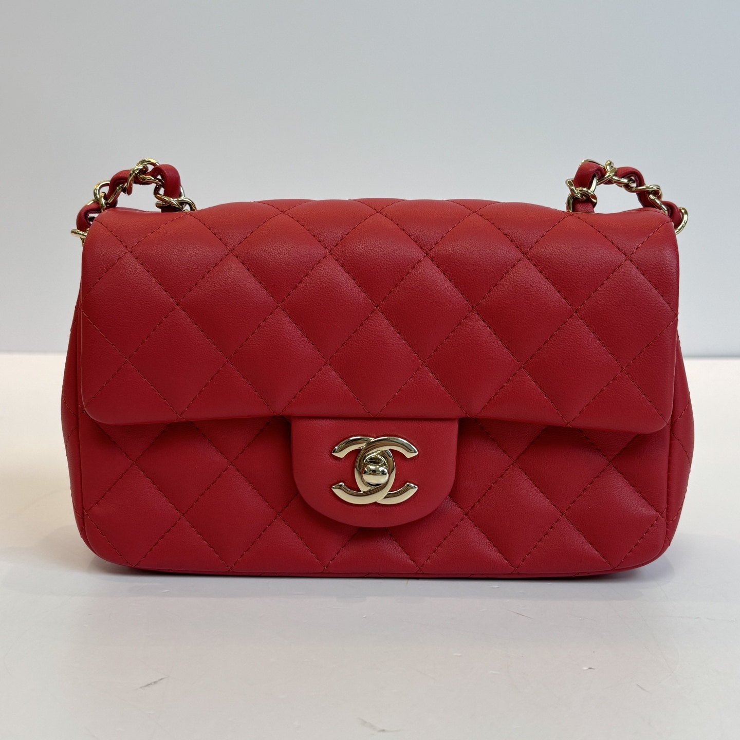99新 Chanel/香奈儿 红金菱格cf大mini单肩斜挎包 41525
