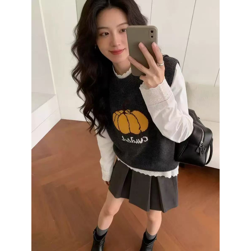 6384时尚爆款南瓜针织马甲毛衣2025秋冬新款女装圆领宽松显瘦百搭