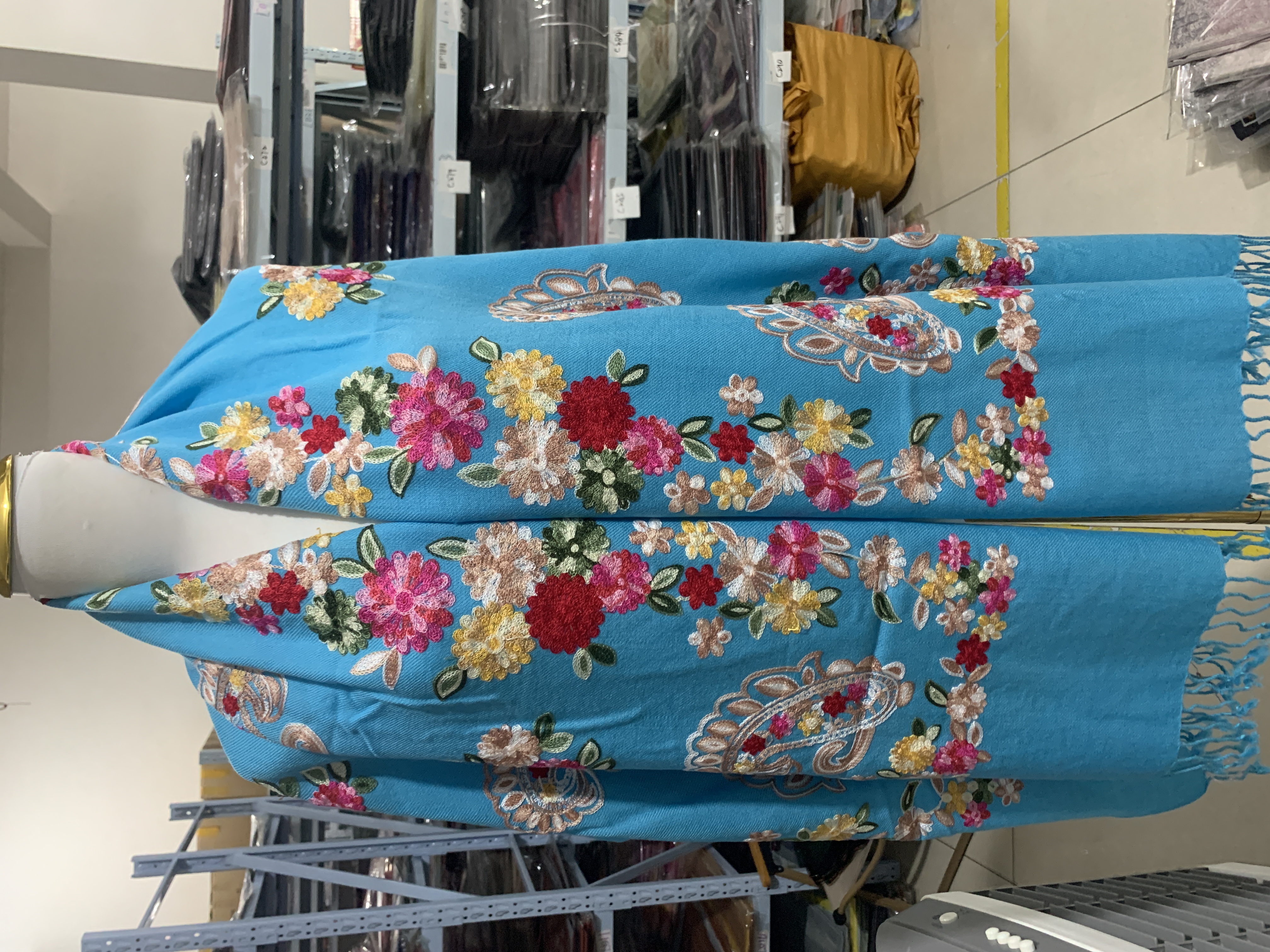 Y009 碎花腰果 湖蓝 一百支纯羊毛绣花围巾披肩民族风尼泊尔风情