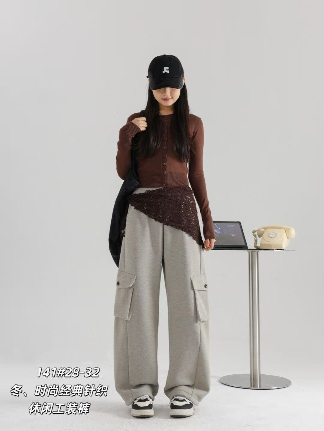 Moodlet2529冬季宽松美式抽绳工装裤，针织工装裤