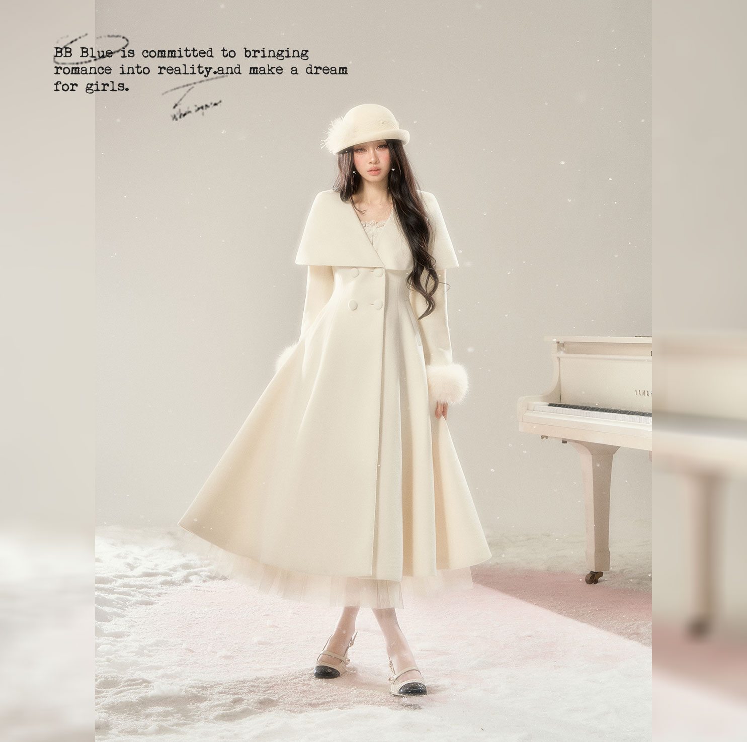 BB BLUE/月光手书/双面呢羊毛大衣白色新款氛围感披肩大衣含围脖