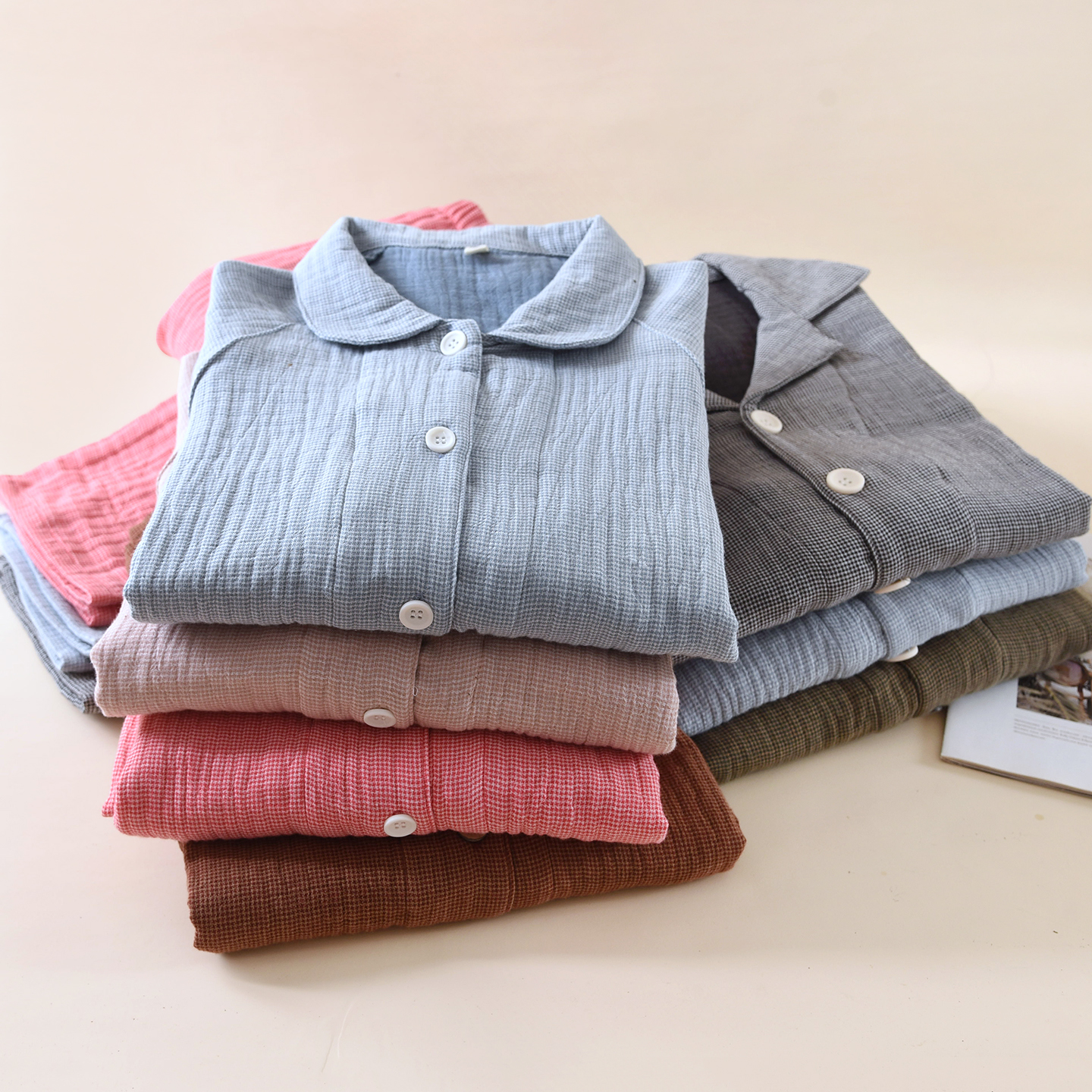 全棉加厚四层纱布情侣款睡衣套装秋冬款简约保暖纯棉两件套家居服