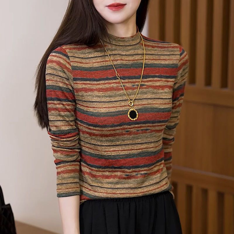2025秋冬新款时尚条纹印花德绒长袖减龄气质打底衫半高领妈妈上衣