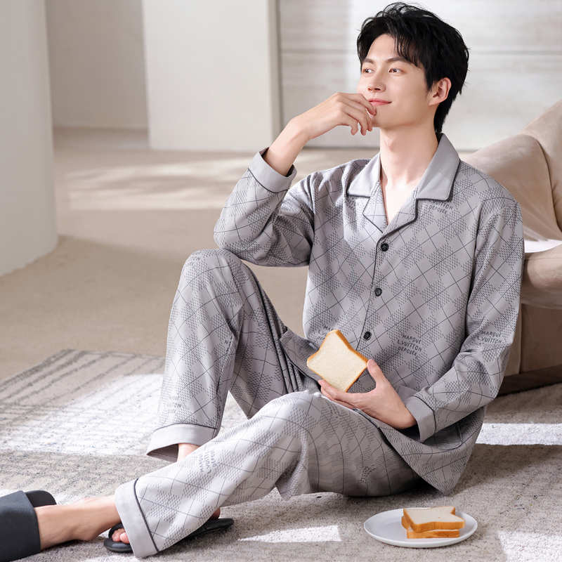 【100%纯棉】高档大气春秋季男士长袖纯棉睡衣套装家居服全棉开衫款