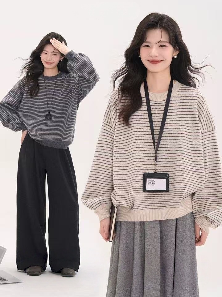 复古宽松条纹圆领无帽卫衣女冬季加绒加厚2025新款休闲上衣ins潮