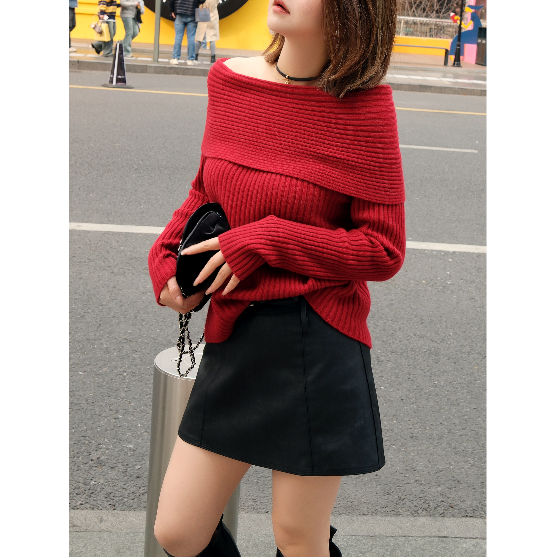 圣诞新年红 法式一字肩全羊毛加厚坑条短款毛衣 内搭打底衫针织衫