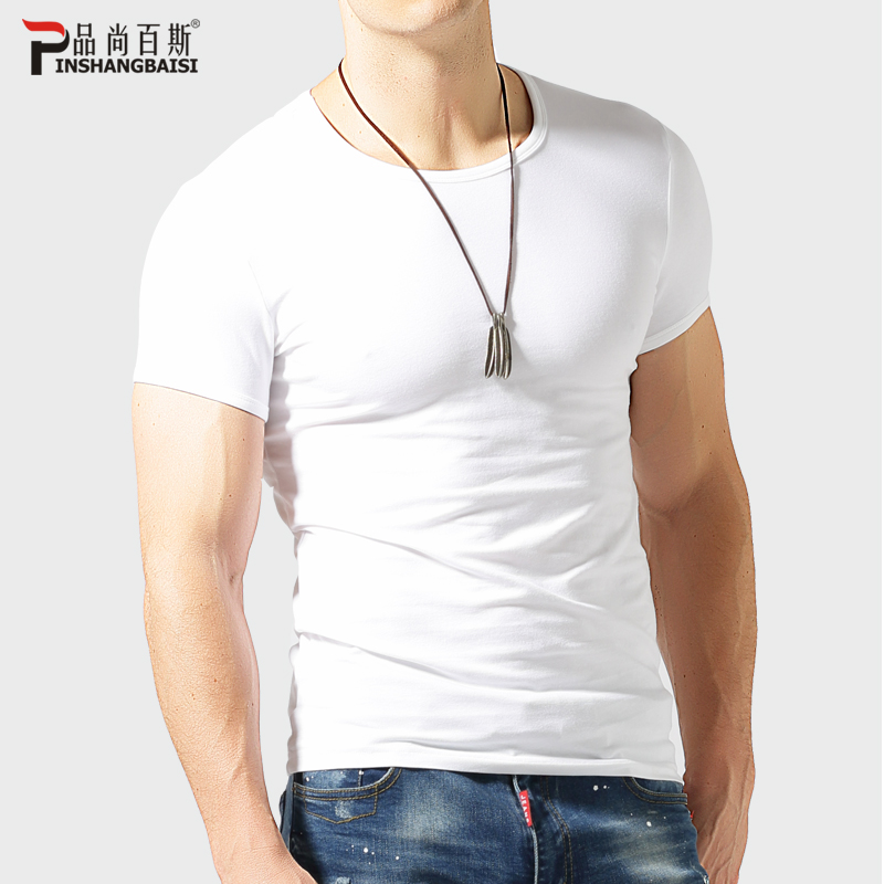 50支棉双面紧身t恤男新款男打底衫圆领运动半袖白色男款健身