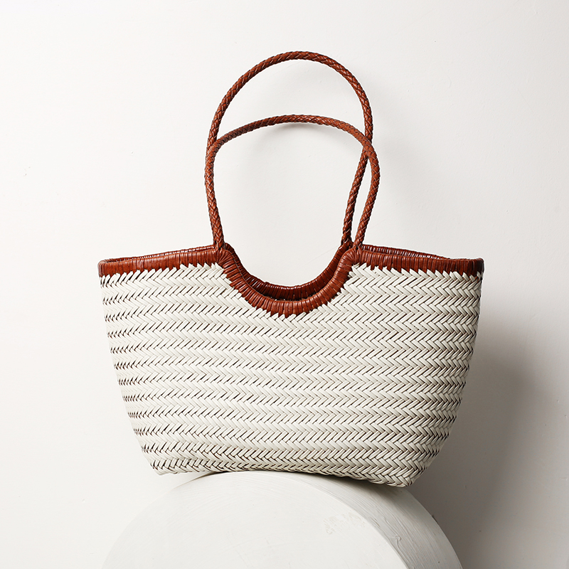 dragon纯手工头层牛皮编织包女夏法式小众菜篮子包真皮单肩托特包