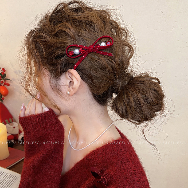蝴蝶结闪钻珍珠发夹女新年红色发卡2026新款高端刘海夹侧边夹头饰商品图