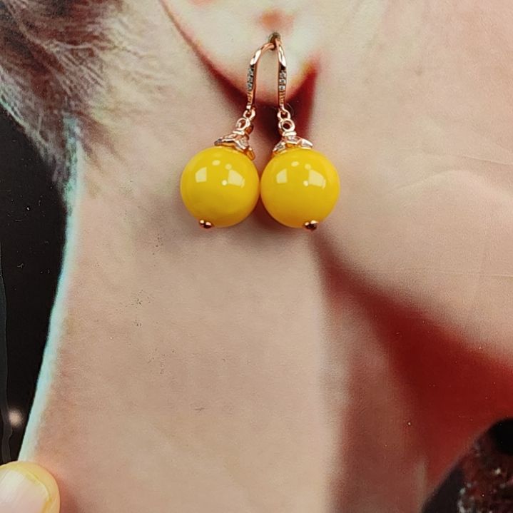 琥珀耳饰银S925镀金镶嵌