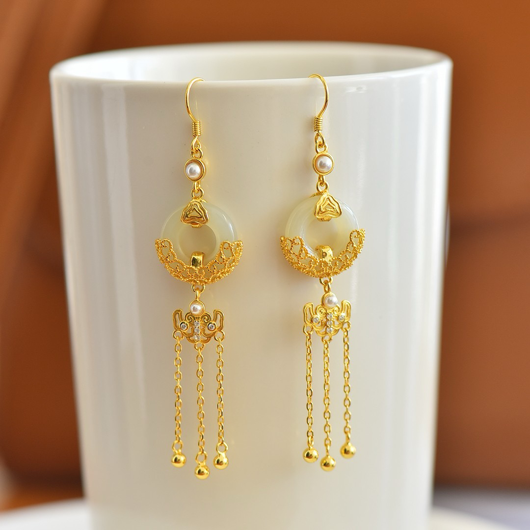 S925银镶嵌天然和田玉流苏耳坠新中式平安环耳环平安扣耳饰2871