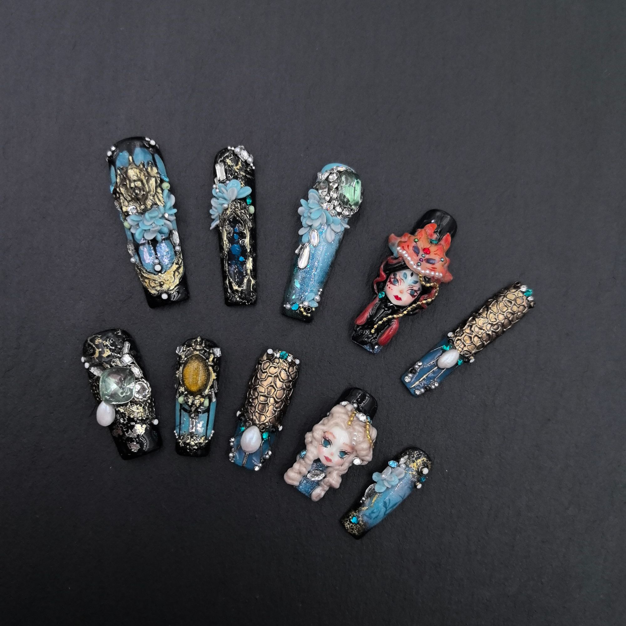 【Dandan出品】海蓝盛宴 纯手工重工设计娃娃款穿戴甲