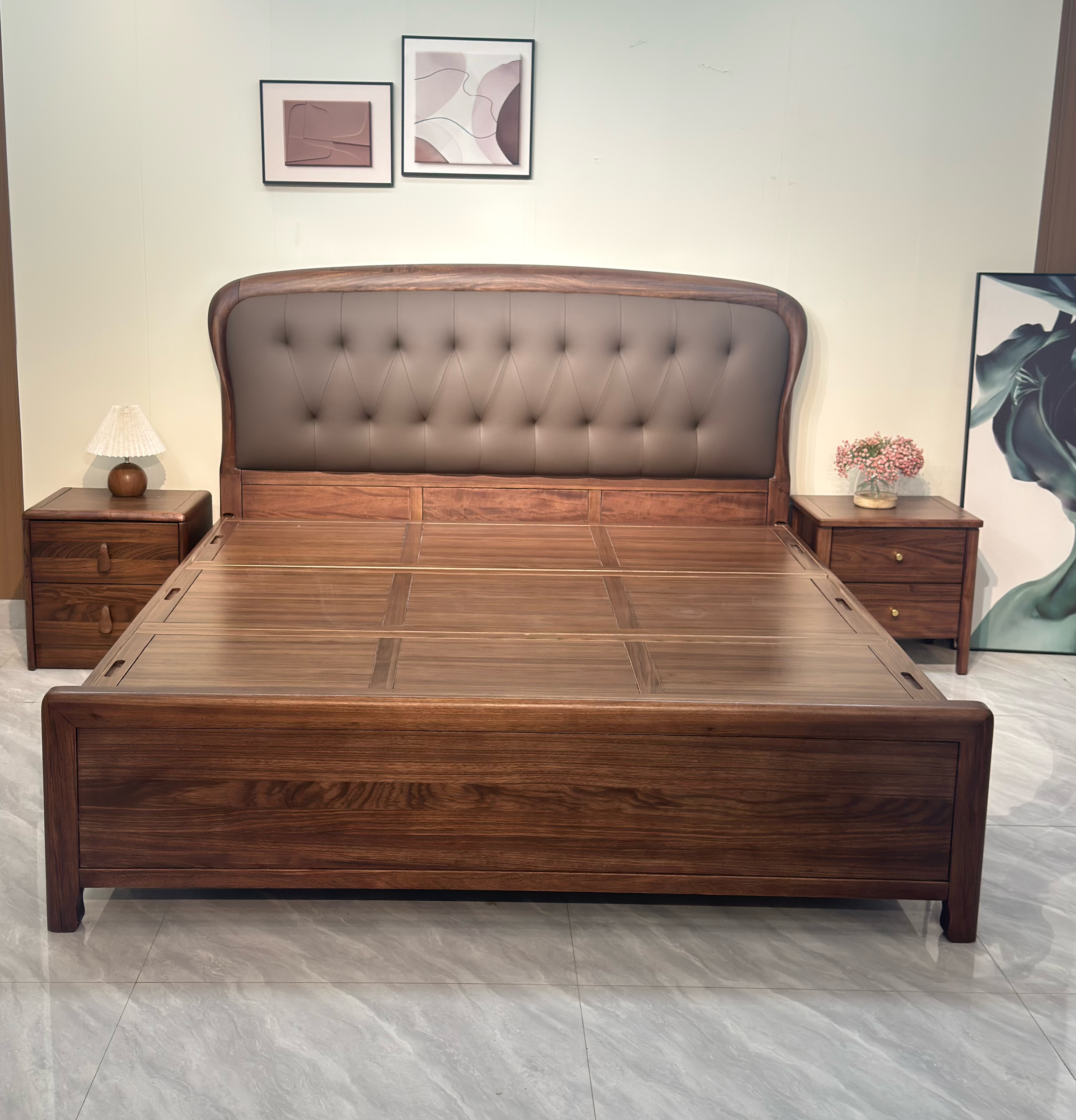 K08#新款黑胡桃实木床复古简约储物轻奢时尚家用双人皮艺主卧大床