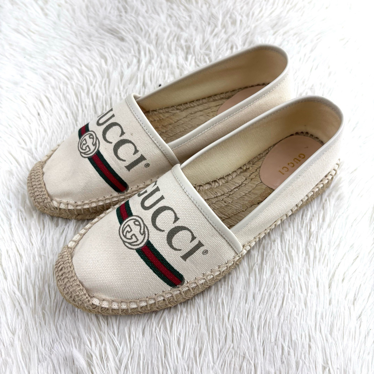 99新 GUCCI/古驰 白色腰带帆布渔夫鞋 36码 咩